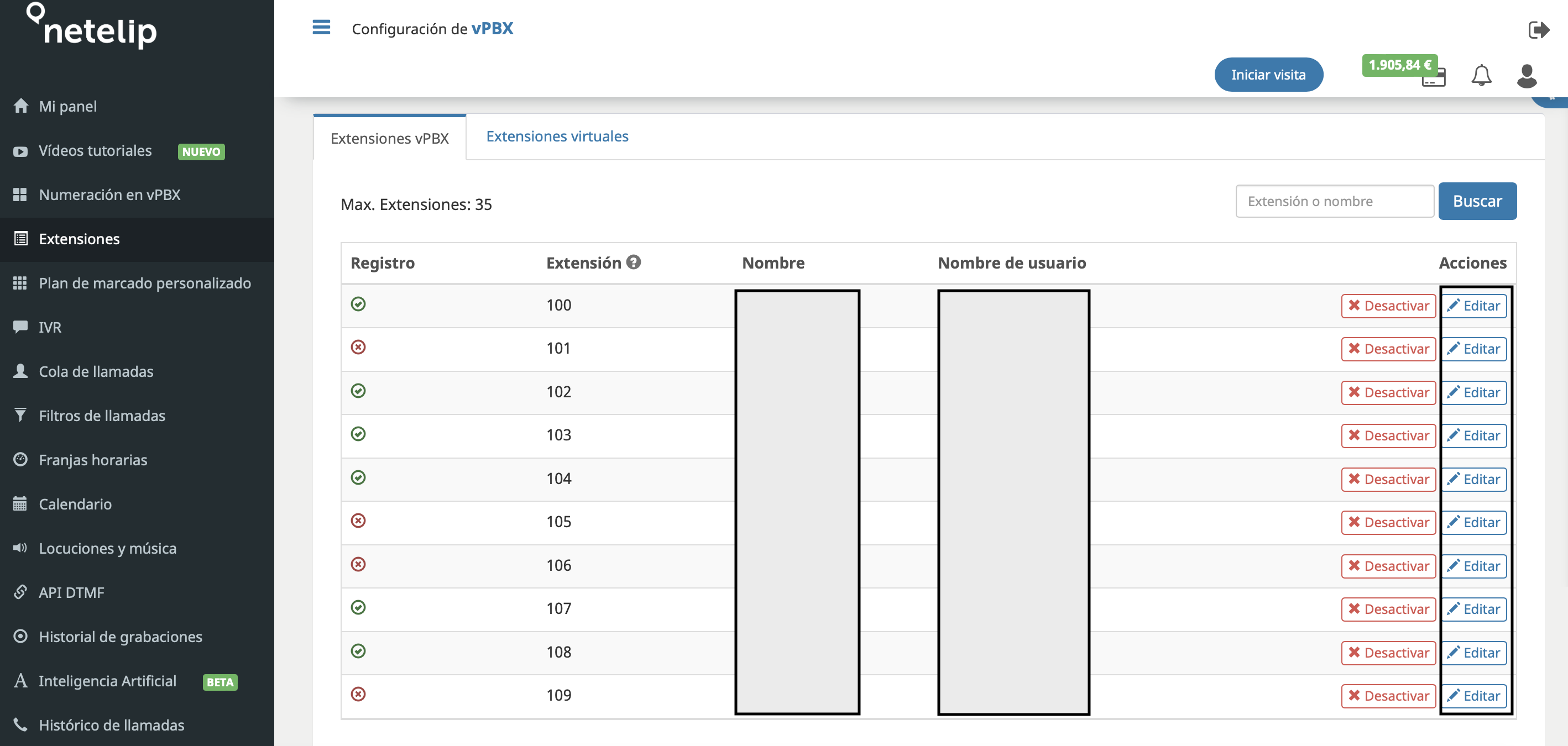 Editar extensiones - Centralita Virtual