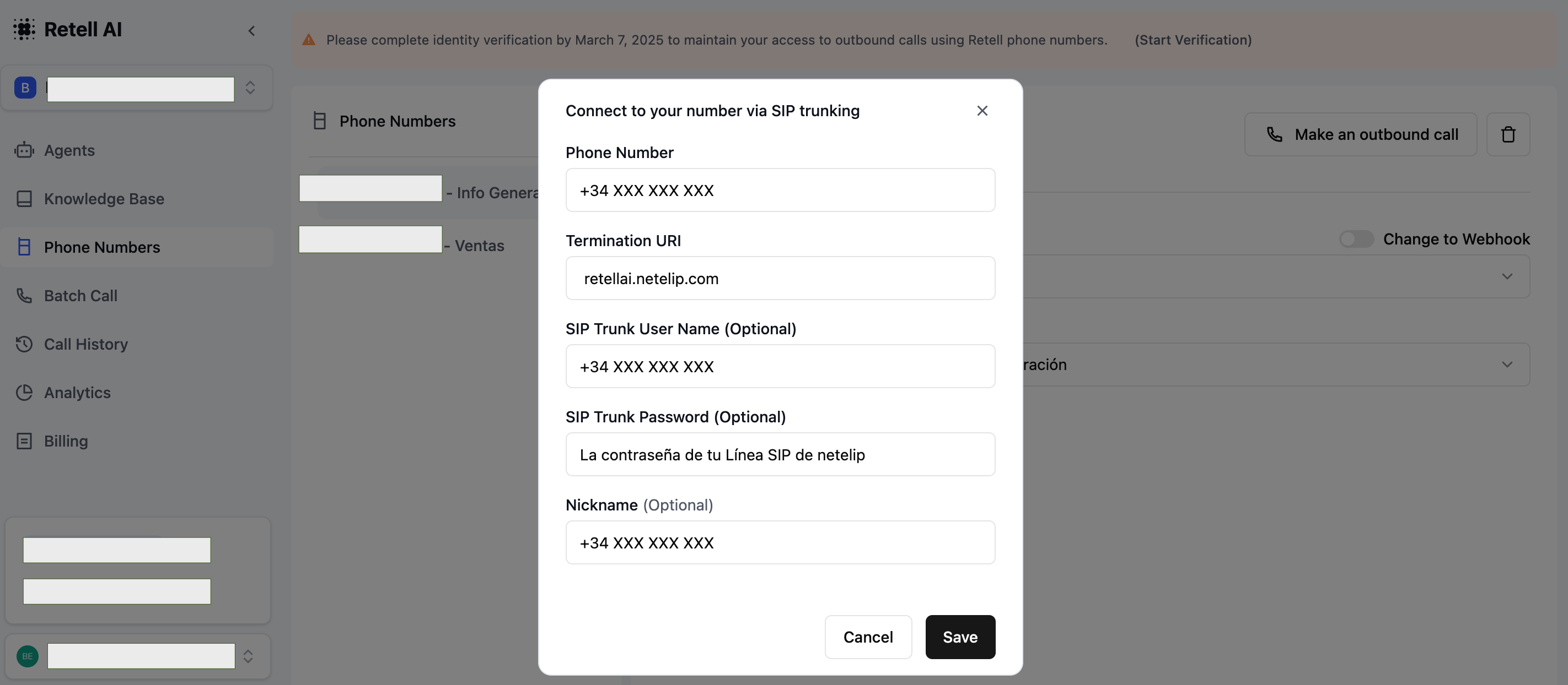 Cómo introducir tus datos para configurar tu número virtual con Retell AI