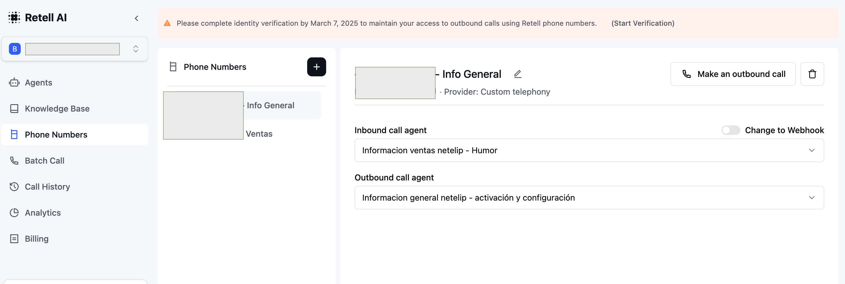 Configuración de llamadas salientes en Retell AI con un número virtual de netelip